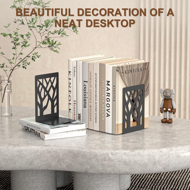 VFINE 8-Piece Metal Bookends for Shelves, Black Tree Book Ends for Books, Decorative Desk Book Organizer, Non-Skid Shelve Bookends for Home Office Shcool Supplies - Image 5